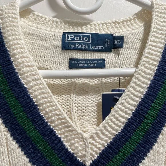 Polo RL Cricket Cable Hand Knit Heritage Preppy Academia Cotton Linen Sweater XL